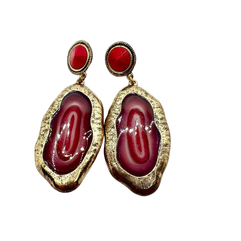 Polished maroon agate and gold tone post statement dangle drop earrings